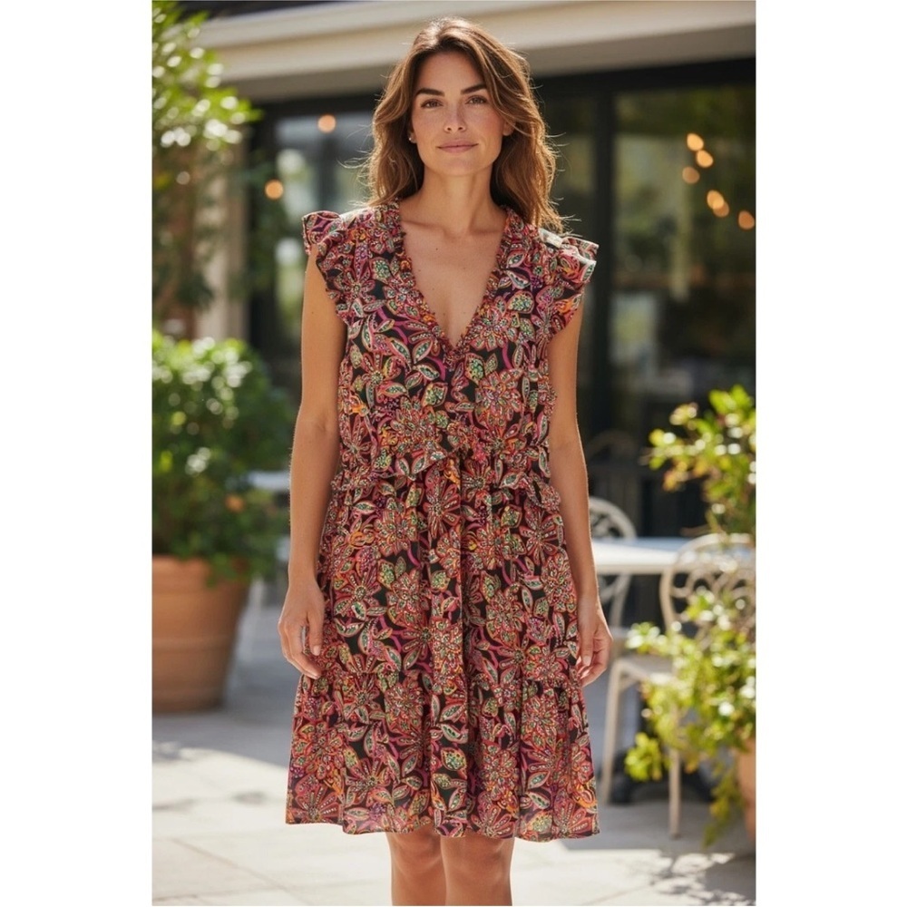 J.Crew Floral Paisley Mini Dress Ruffle Flutter Sleeve Tiered 14 Boho Tropical